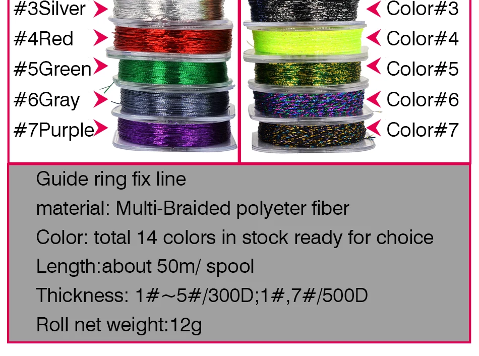 Descubra una amplia gama de anillos de guía de fibra trenzada vibrantes en 14 colores perfectos para mejorar sus proyectos de pesca o manejo