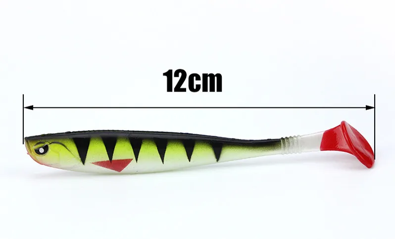 T-tail cebo blando de Pesca, Señuelos de gusano Artificial, ojos alienígenas que brillan, 12cm/10g, ranura trasera, pez arcoíris, PVC, lote de 5 piezas - imagen 3
