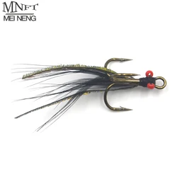 MNFT, 10 Uds. En caja, pesca con mosca, tres anzuelos, moscas, ojos rojos, plumas negras, plumas de pavo real, mosca húmeda, cebo de ninfa, señuelos receptores de moscas