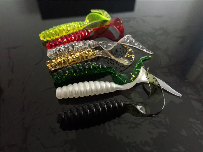 Señuelo de pesca de material suave para estanque, cebo de cola circular brillante, isca, gusano, gusano, 200 piezas, 5cm - imagen 5