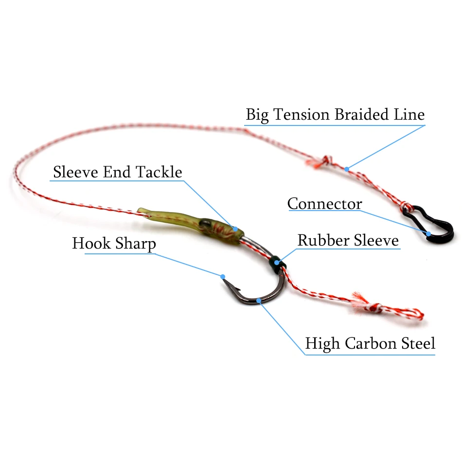 MNFT-Juego de 6 ganchos curvos 2-8 #, hilo trenzado surtido, anzuelos de pesca de carpa atados a mano, accesorios para el pelo, Conector de pesca listo para usar - imagen 3