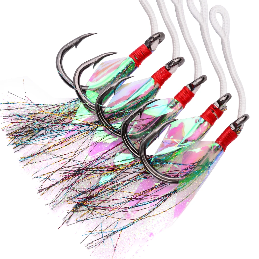 Anzuelos de pesca de agua salada con pluma rosa, anzuelos de JIGGING dorados y negros de acero inoxidable, 2 colores, 1/0-9/0, 20 unids/lote - imagen 2