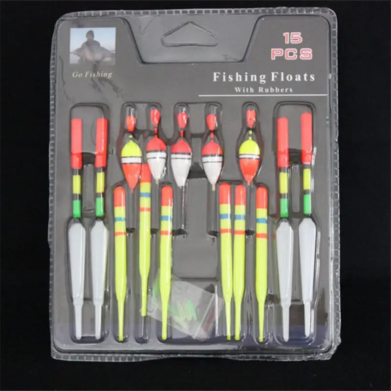 Boya Vertical de pesca marina, flotadores de tamaño surtido para la mayoría de los tipos de pesca con gomas de fijación, Señuelos de Pesca, 1 Juego (15 Uds.) - imagen 2