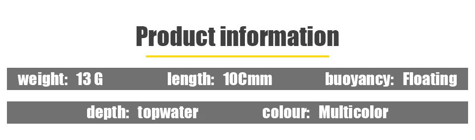 Información del producto Flotante liviano, 13 g, flotabilidad de 100 mm, multicolor, agua superior