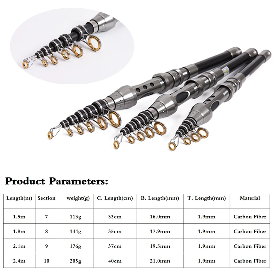 Caña de pescar telescópica, caña de pescar giratoria portátil, caña de pescar de viaje, barco marino, caña de pescar en roca, caña de pescar de fibra de carbono - imagen 2