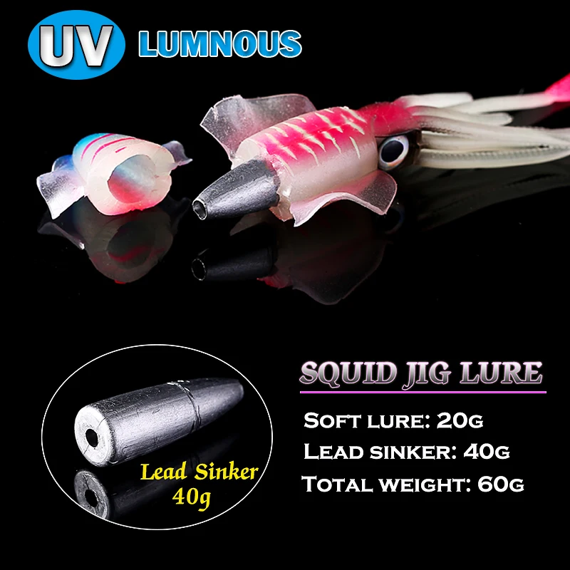 SUNMILE-señuelo de pesca de Calamar, cebo Wobbler luminoso/UV, 20g/60g, 150mm, para mar profundo - imagen 5
