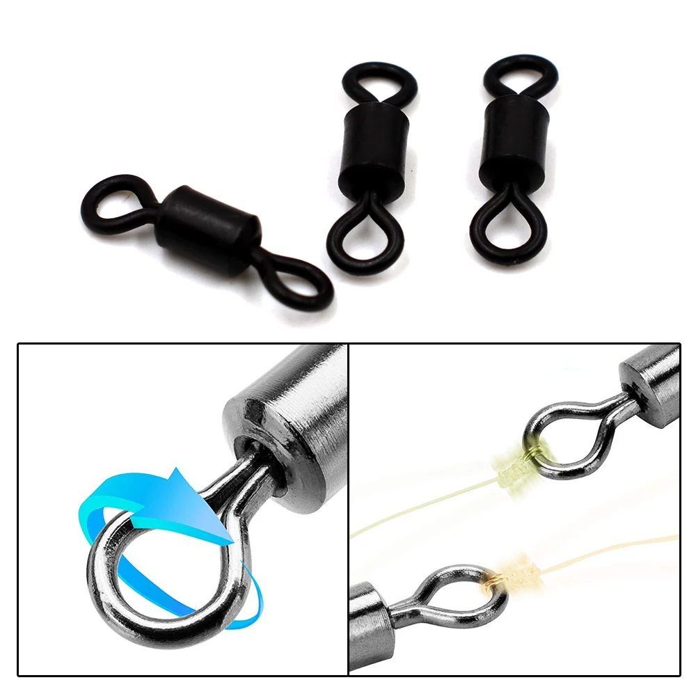 MNFT 50 piezas 4 #   5 #   7 #   Barril rodante giratorio de pesca, gancho de pesca negro mate, conector de línea, aparejos de pesca, giratorio americano - imagen 3