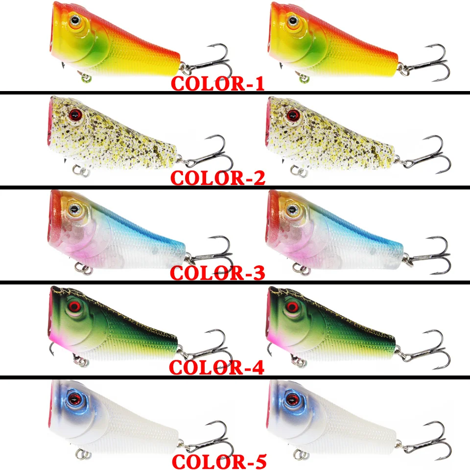 Señuelos de Pesca de plástico Popper, aparejos de pesca de alta calidad, 5 colores disponibles, cebos duros de 5CM/8G, 6 ganchos, ojos 3D, 1 ud.