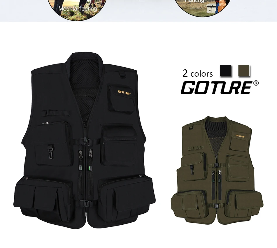 Explore el chaleco de Goitre versátil en negro o verde oliva para aventuras al aire libre