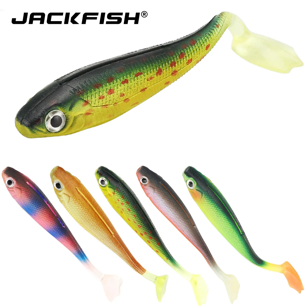 JACKFISH-SEÑUELOS DE SIMULACIÓN suave de cola en T, cebo de silicona de 100mm/5g, cebo Artificial de carpa de colores, 1 unidad - imagen 4