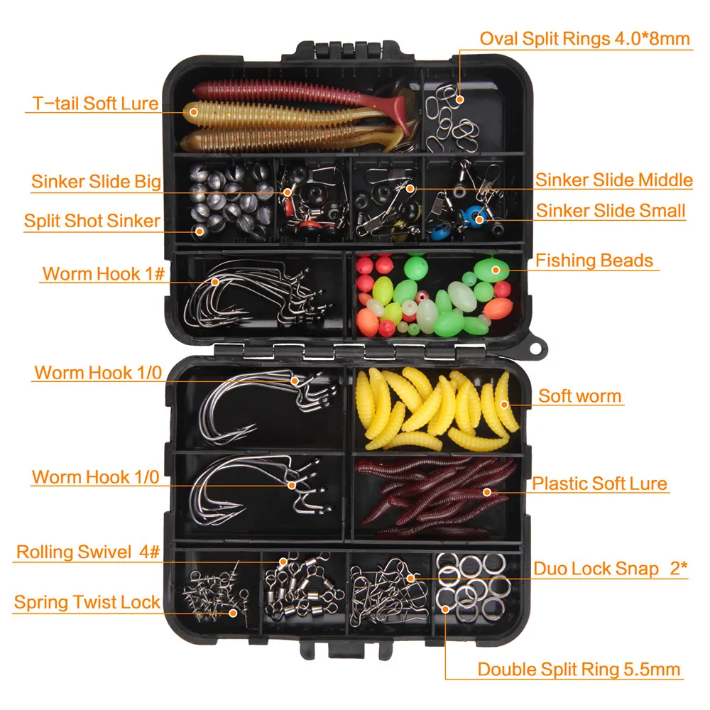 Caja de aparejos de pesca, Kit que incluye anzuelos de plantilla, anzuelos giratorios, plomos para aparejos de pesca Texas rig, 160 unidades - imagen 3