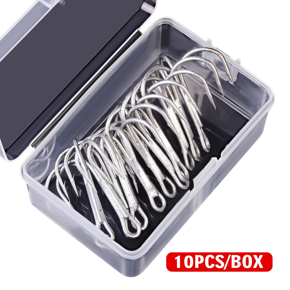 Anzuelos de pesca triples de acero al carbono, anzuelos de pesca triples con púas, color blanco, superafilados, 10 unids/caja, 2/0 #3/0 # - imagen 2