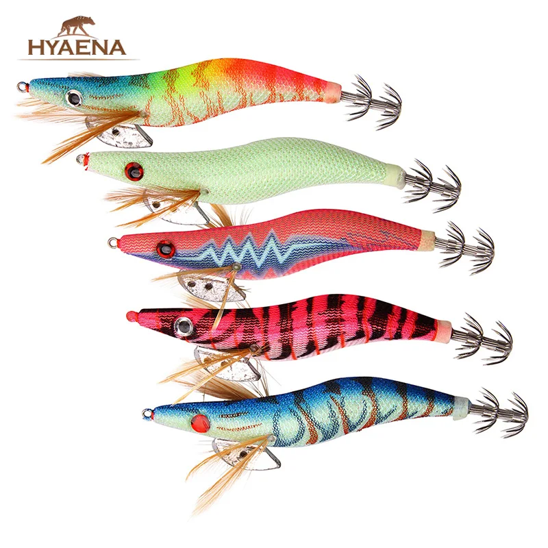 Hyaena-señuelo de pesca luminoso de 5 piezas, anzuelo de calamar Artificial japonés, plantilla para madera, señuelo de Camarón, cebo duro, pulpo