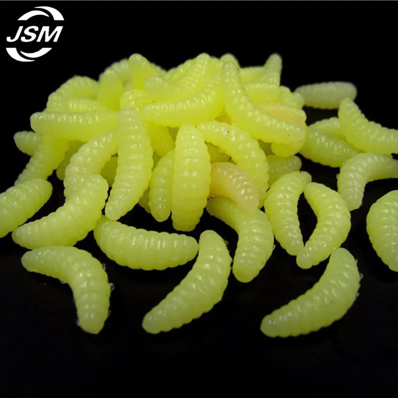 JSM-Señuelos de Pesca de gusano blando, cebo de pesca de gusano suave, Color blanco, amarillo, verde y rojo mezclado, olor luminoso, 100 Uds. - imagen 2