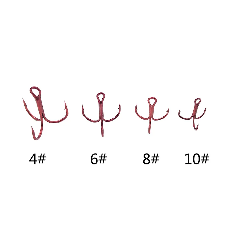 10 unids/lote anzuelos de pesca rojos súper afilados de acero rico en carbono 3X anzuelos triples 4 #   6 #   8 #   10 #   Anzuelos de alta resistencia - imagen 2