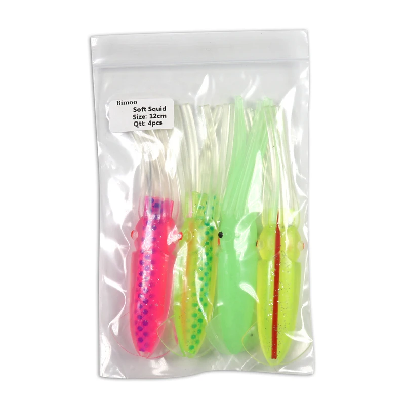 Bimoo, 1 bolsas = 4 Uds., 12cm, 14cm, 17cm, señuelos de calamar suaves, juego de Jigging, pesca en agua salada, cebo de pesca, pulpo, verde luminoso para plataformas DIY - imagen 2
