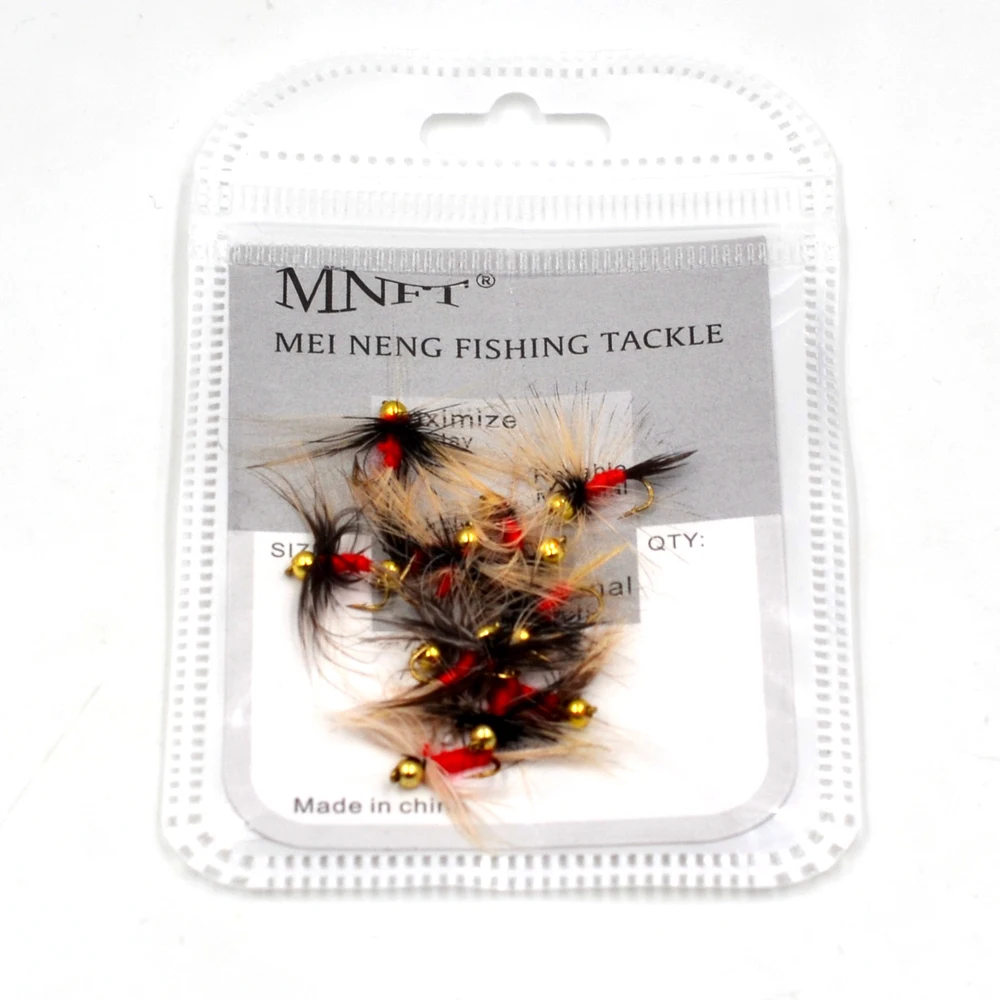 MNFT 10PCS 14 #   Cebo artificial con mosca para pesca, cuerpo rojo, ninfa, barba larga, Beadhead dorado - imagen 4