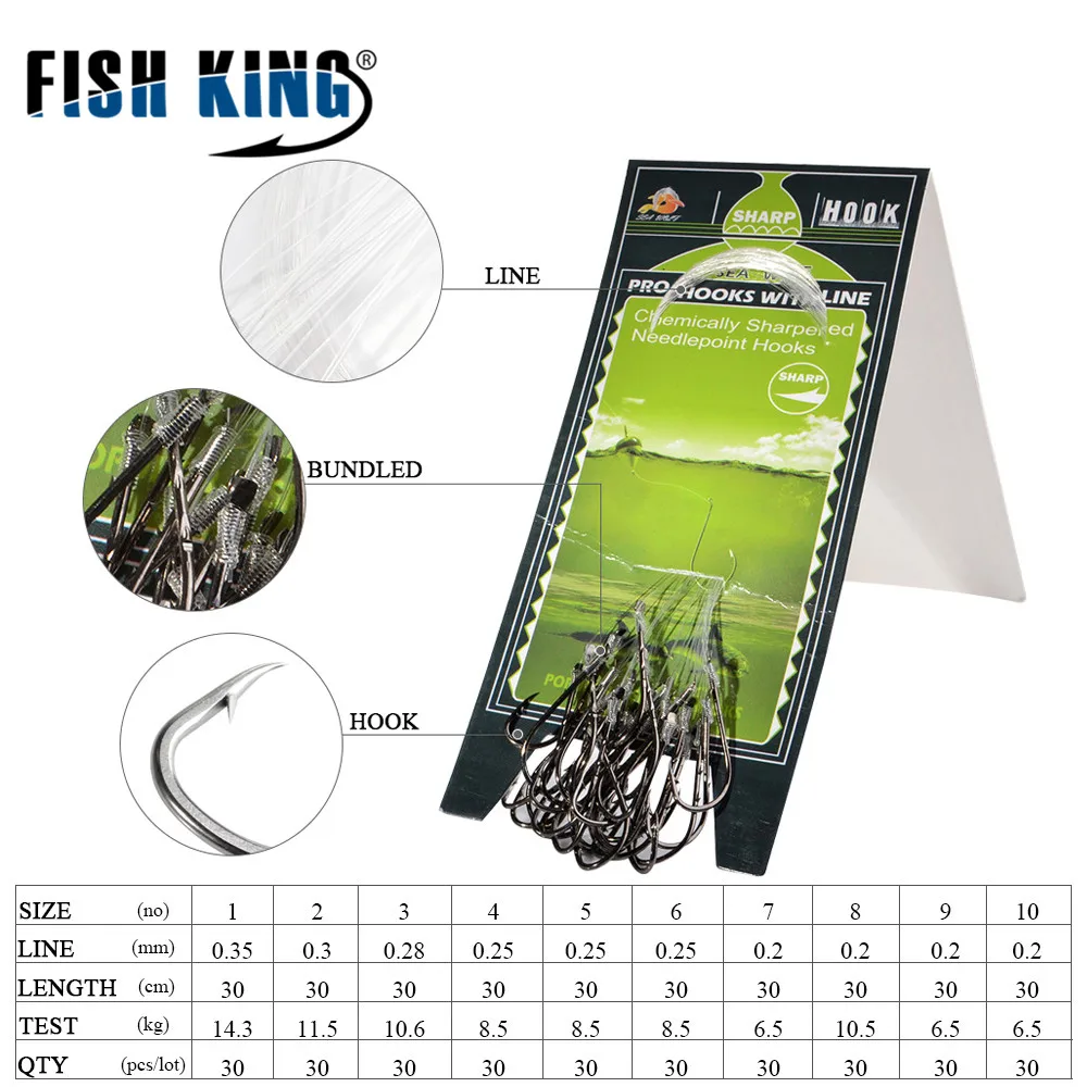 FISH KING-anzuelo de pesca con línea de 30 unids/lote, Combo de anzuelos de carpa con púas, accesorios para el cabello, aparejos para pescar, 10 #-1 # - imagen 5