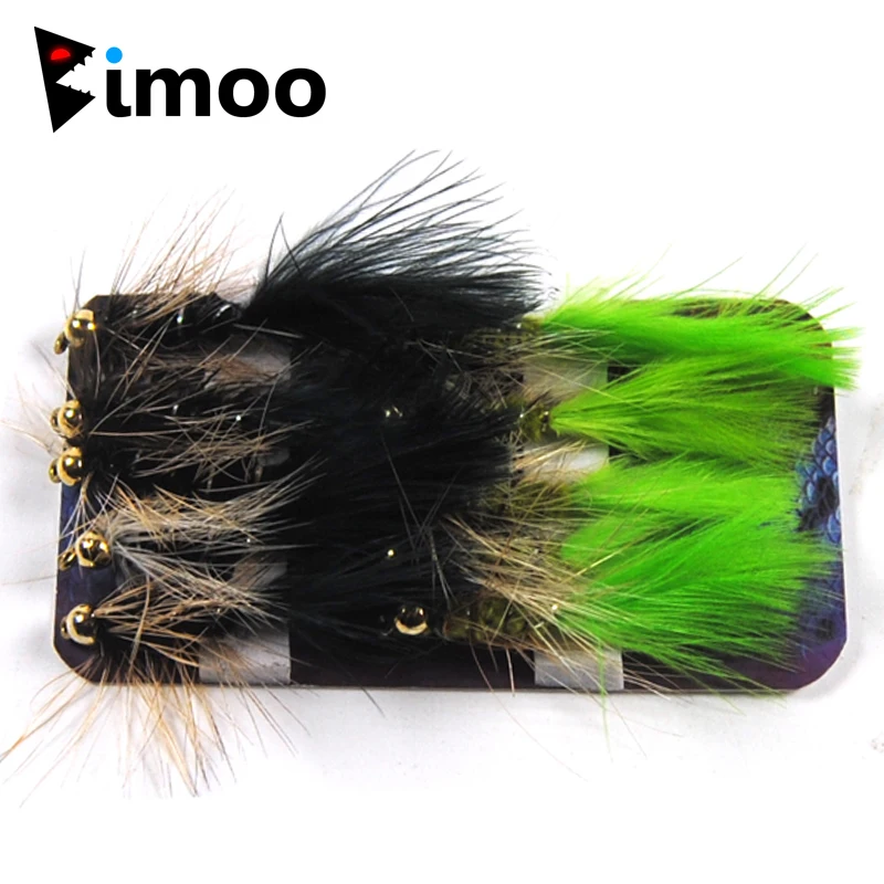 Bimoo-SEÑUELOS de pesca con mosca, cabeza de bola de latón verde y negro, 10 unidades, #10