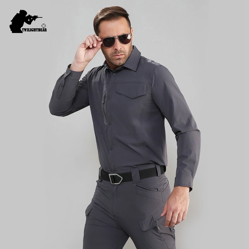 Camisa elástica para hombre, camisa de secado rápido con múltiples bolsillos, alta calidad, ropa informal, AF54 - imagen 5