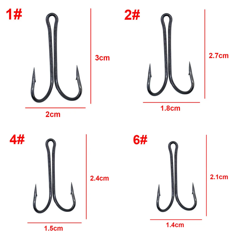Anzuelos de pesca dobles de acero con alto contenido de carbono, Kit de anzuelos de pesca negros, anzuelo doble para anzuelo de lubina, 100 unids/lote por caja - imagen 2