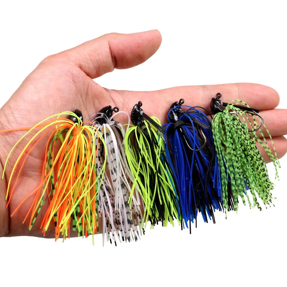 THKFISH 5 uds Jig Señuelos de Pesca cebo de alambre 7g 10g 14g falda de natación de goma plantillas cabeza anzuelo de pesca Swimbaits de silicona para lubina Buzz - imagen 5