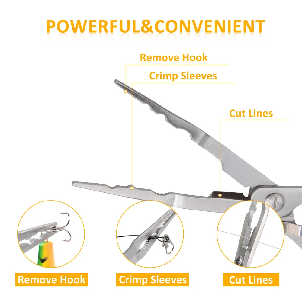 Alicates de pesca de acero inoxidable, removedor de anzuelos de pesca, herramienta de manga de crimpado multifunción, tijeras de línea de pesca, aparejos - imagen 4
