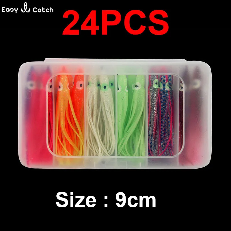 Señuelos de Pesca de pulpo de plástico suave de 9cm, silicona de colores mezclados, faldas de calamar artificiales luminosas, juego de señuelos con caja, 24 piezas - imagen 2