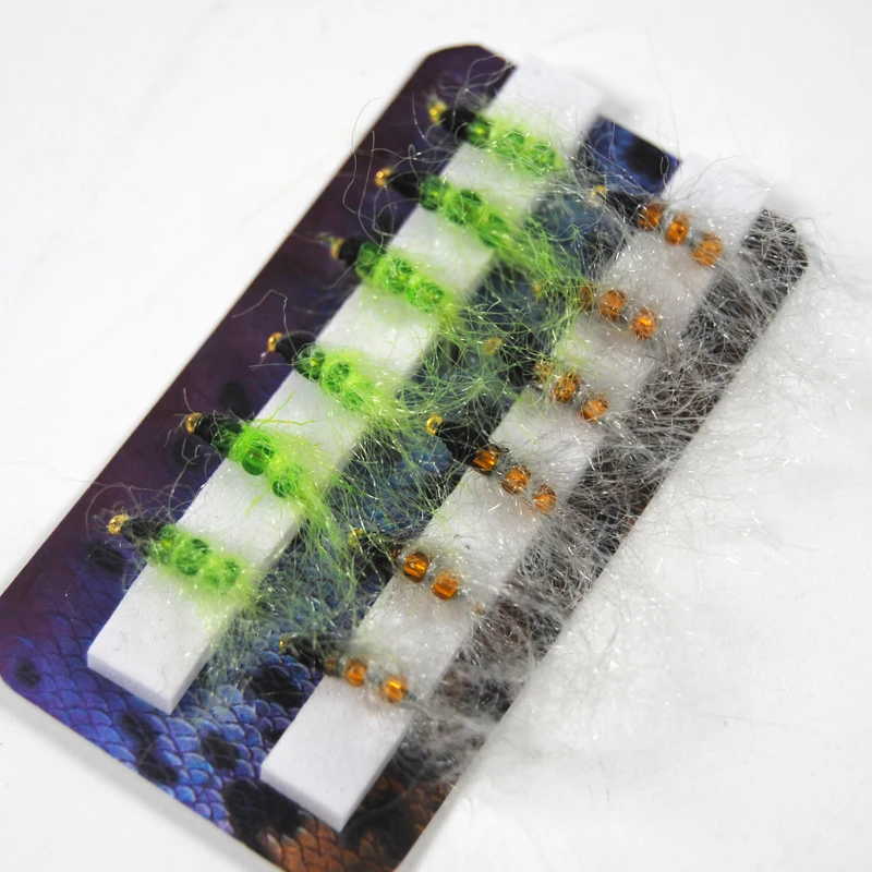 Bimoo-Cuenta de cristal Caddis Larva, Pupa, Nymph, moscas, trucha, Señuelos de cebo de pesca, tamaño Hegene #14, Color verde y naranja - imagen 4