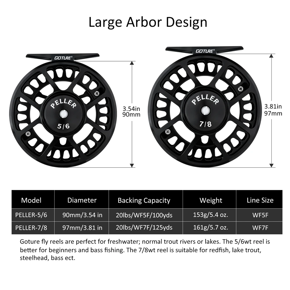 Goture PELLER 7/8 WT carrete de pesca con mosca CNC mecanizado, carrete de mosca grande Arbor para lubina trucha Redfish 2 + 1BB 1:1 - imagen 4