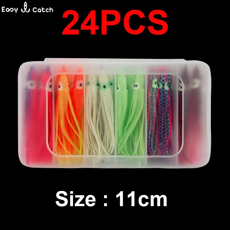 Señuelos de Pesca de pulpo de plástico suave de 11cm, calamar Artificial luminoso de silicona de colores mezclados, 24 unids/caja - imagen 2