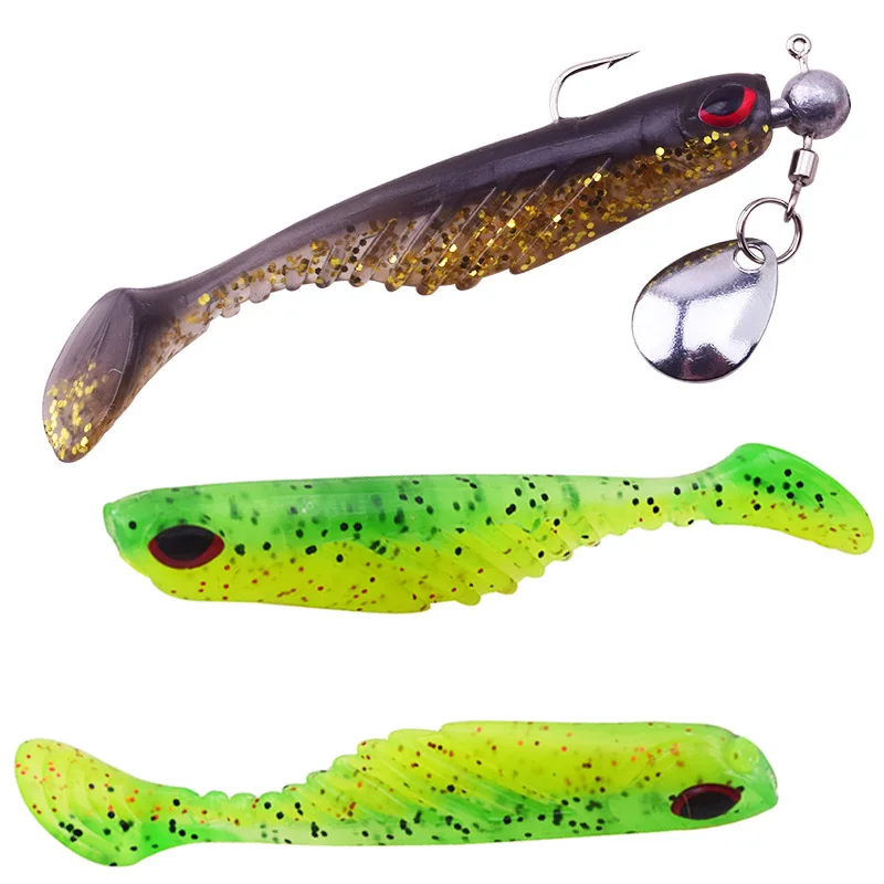 5 unids/lote Shad cebo suave de silicona 7cm 3g ojos 3D cola en T pez gusano señuelo de pesca Swimbaits cebos artificiales Jig Wobblers aparejos - imagen 5