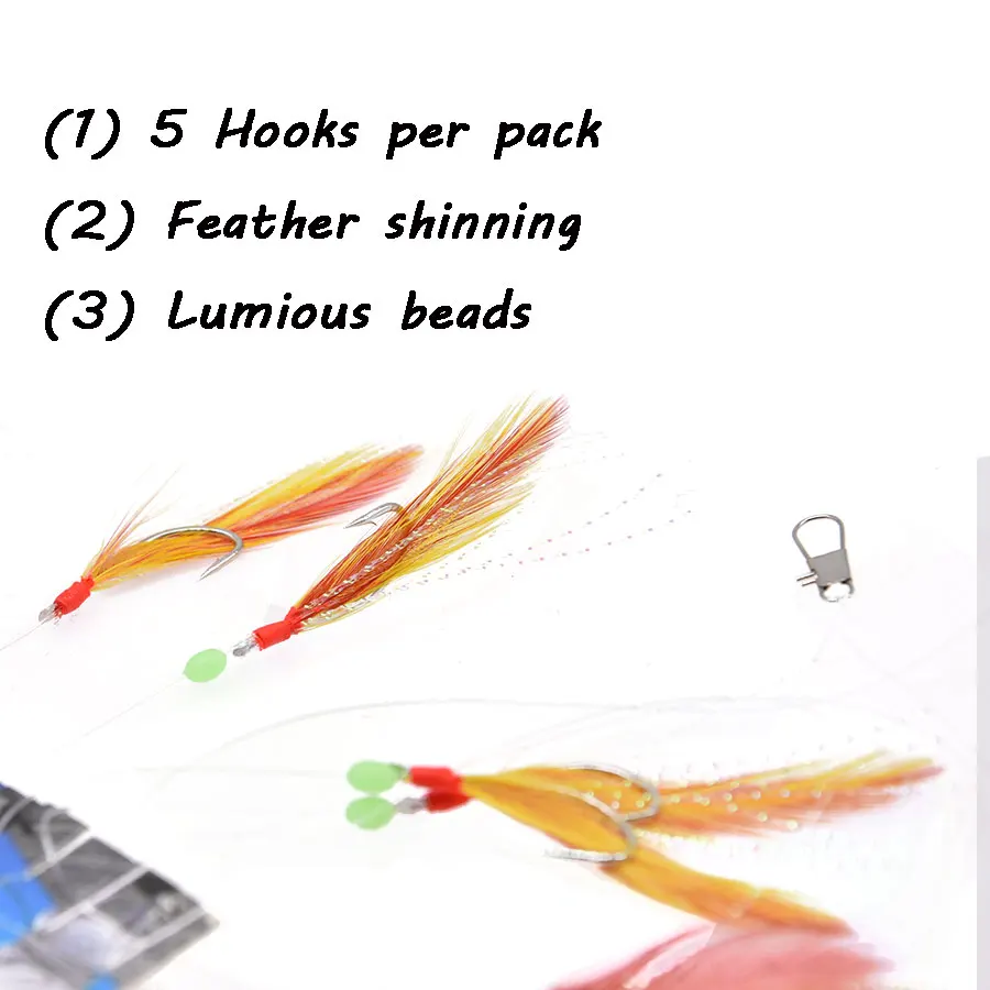 Anzuelos de plumas de pesca, cebos sabiki de pluma de gallo, aparejos de pesca de carpa sabiki, 10 paquetes - imagen 4