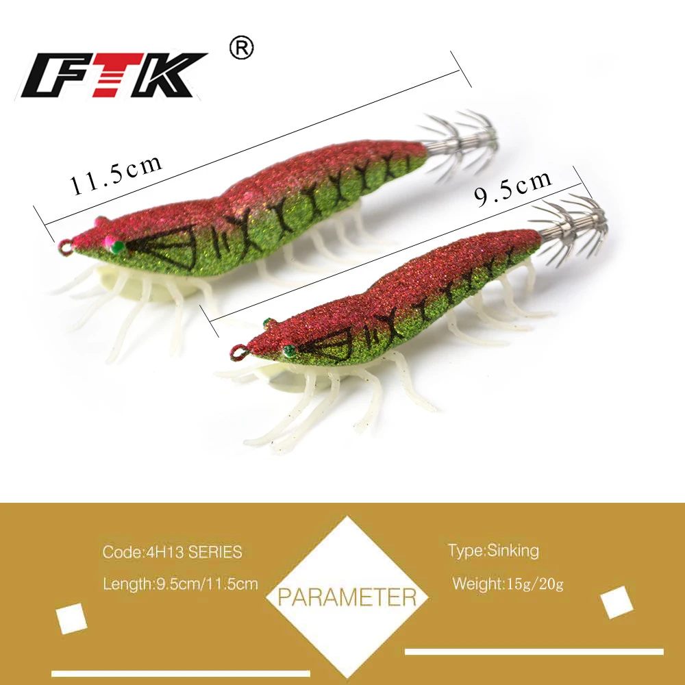 FTK-anzuelo de calamar, Señuelos de Pesca de 6 colores, cebo de plantilla de calamar, noctilucente señuelo de Camarón, ojos 3D para aparejos de pesca, 1 unidad, 3,0g/3,5g - imagen 2