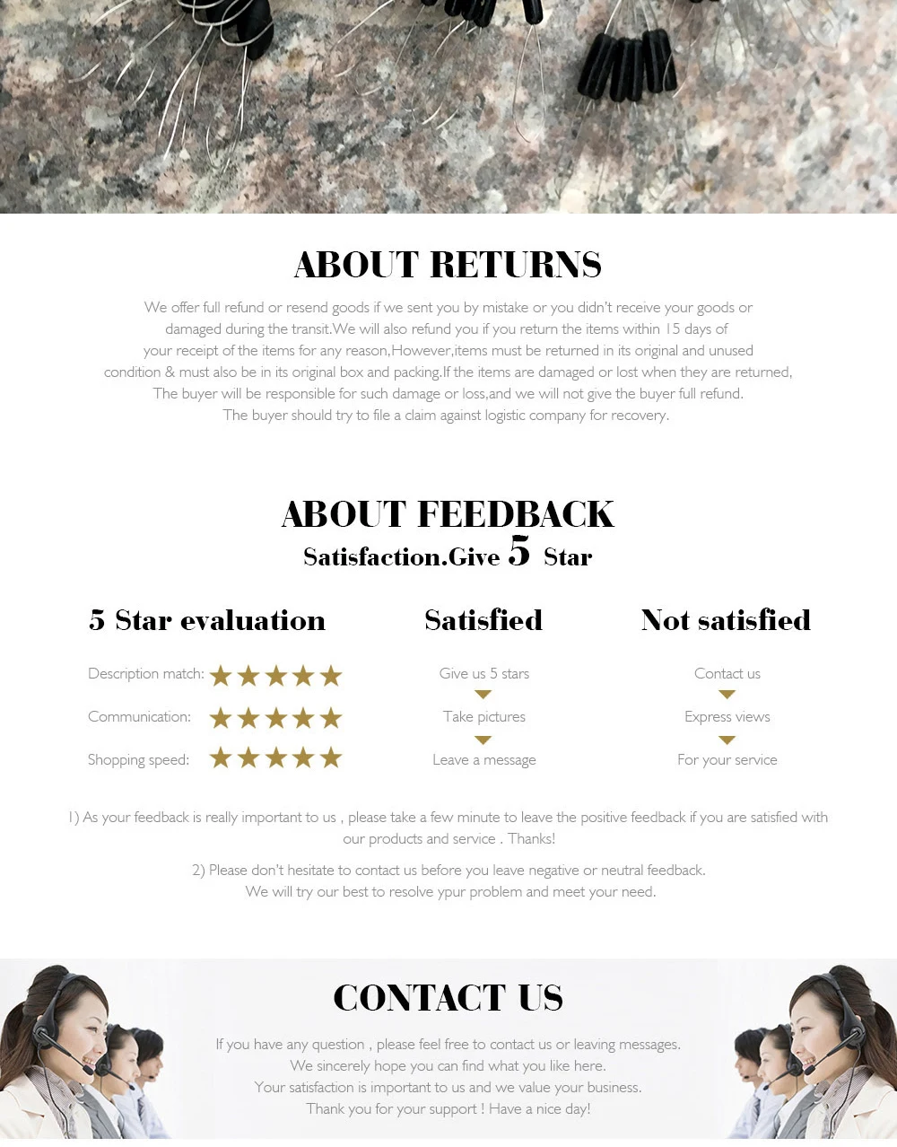 Experimente un servicio al cliente excepcional con nuestra política completa de reembolso o devolución y un sistema de retroalimentación fácil