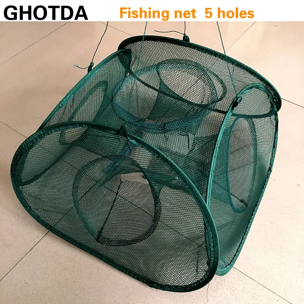 Red de pesca plegable portátil, 5/9/21 agujeros, trampa automática para camarones, peces, camarones, pececillos, cebos de cangrejo, trampa de malla fundida - imagen 2