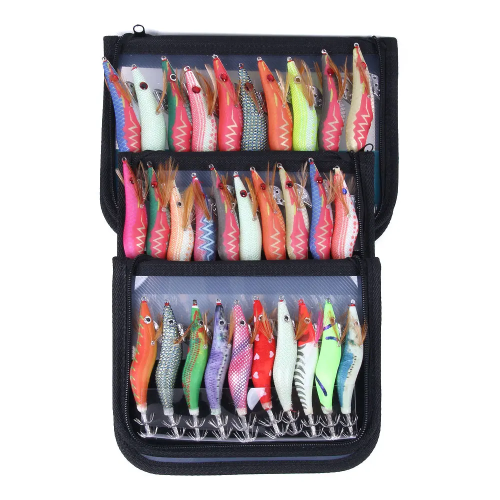 Juego de 10 Señuelos de Pesca de calamar, anzuelos de camarón de madera Artificial, 2,5 #3,0 #3,5 #, 10 unidades