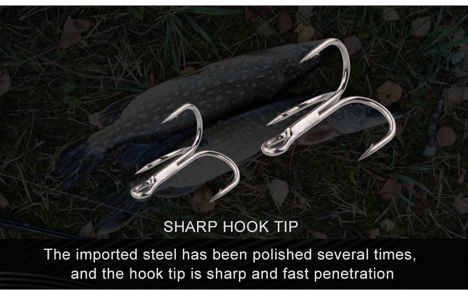 Detalle de los anzuelos mostrando diferentes tamaños 4#, 6#, 8# y su construcción de acero carbono