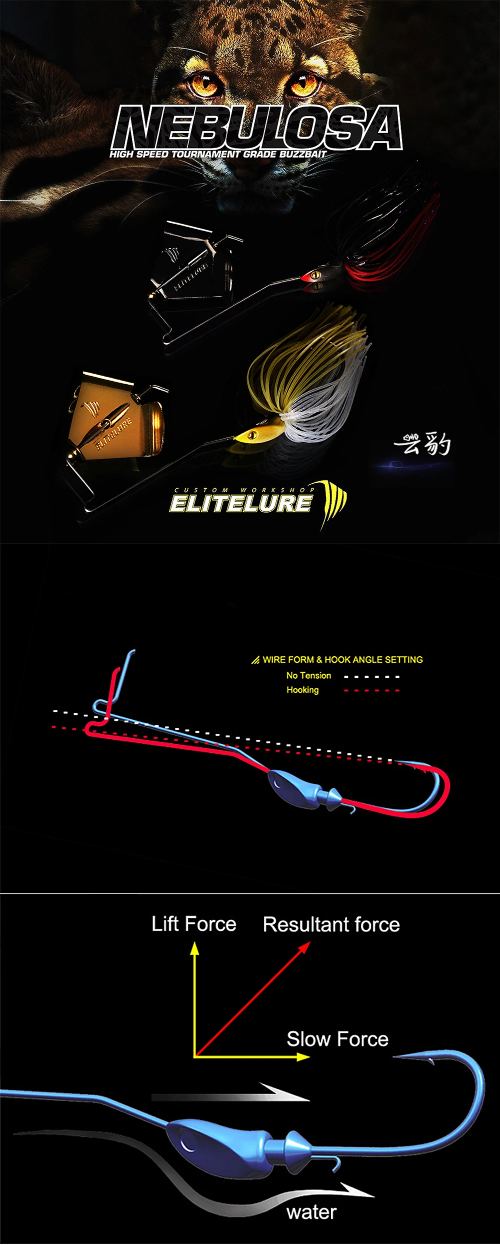 Señuelo ELITELURE 10g Buzzbaits vista lateral mostrando el spinner y la falda de silicona