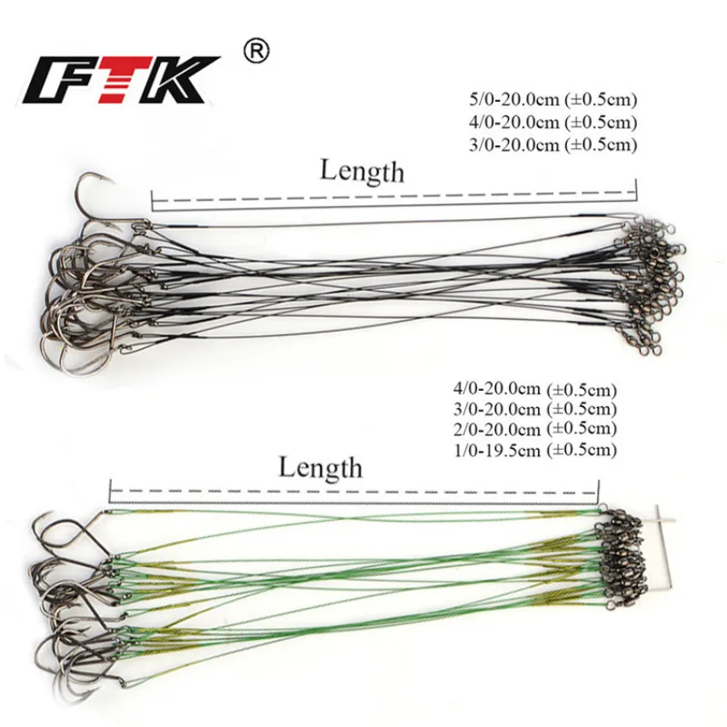 FTK 20 piezas correa de pesca con mosca de alambre de acero inoxidable de 20cm con núcleo de gancho 40-80LB correas antimordidas para líder de sedal de pesca - imagen 5