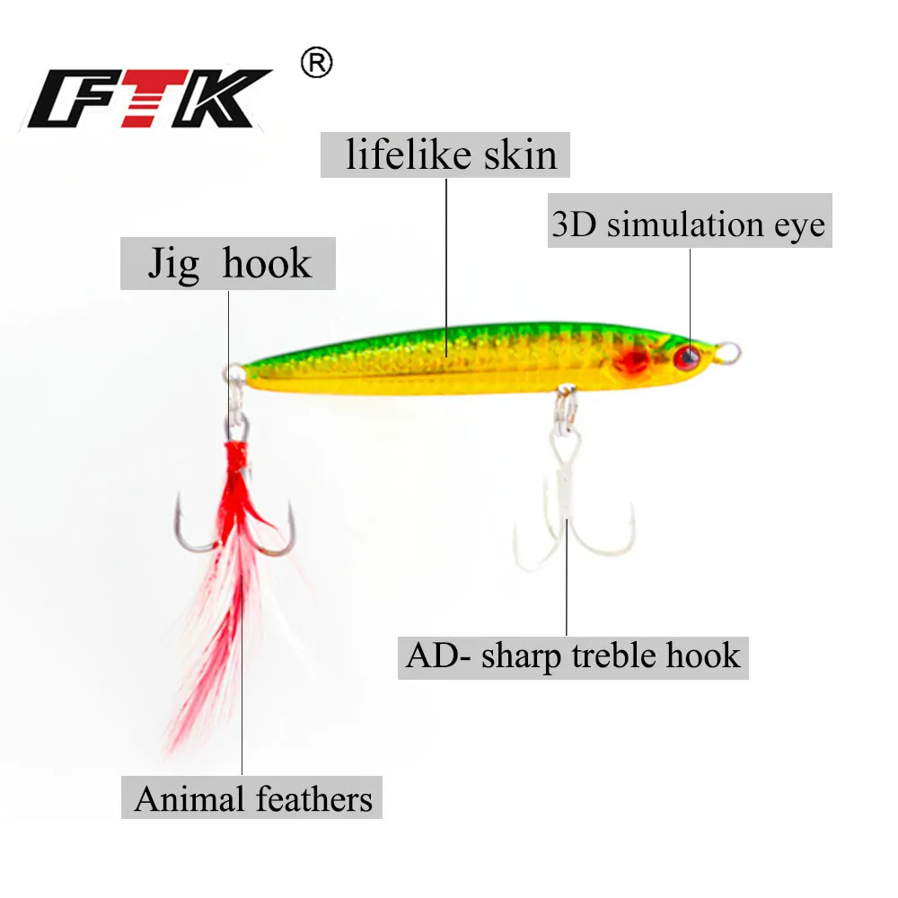 FTK 20g 30g 40g Señuelos de Pesca de Jigging de Metal 6,5 cm-8,5 cm cebo Artificial duro pesca en el mar Micro plantilla con anzuelo triple - imagen 4