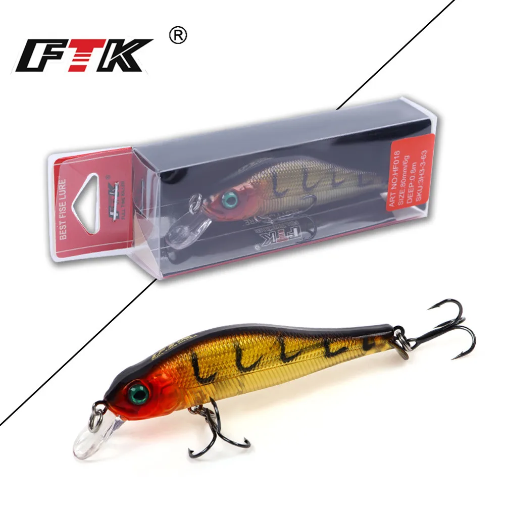 FTK 6g 80mm señuelo de pesca cebo Artificial duro hundimiento Minnow pesca manivela cebo con anzuelos triples lubina Pike Wobblers - imagen 5