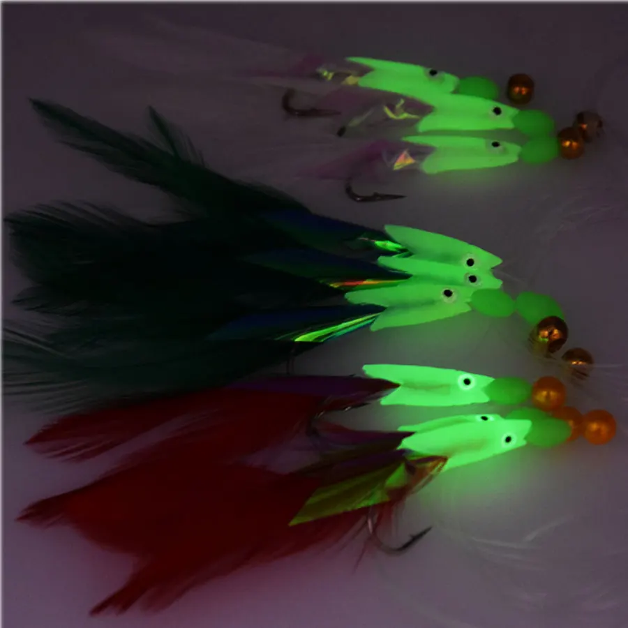 JYJ 3 anzuelos/juego de cabeza de pez luminosa, señuelo de pesca con un solo anzuelo, plantillas de cebo, pesca de gusanos, anzuelos de cuerda sabiki - imagen 4