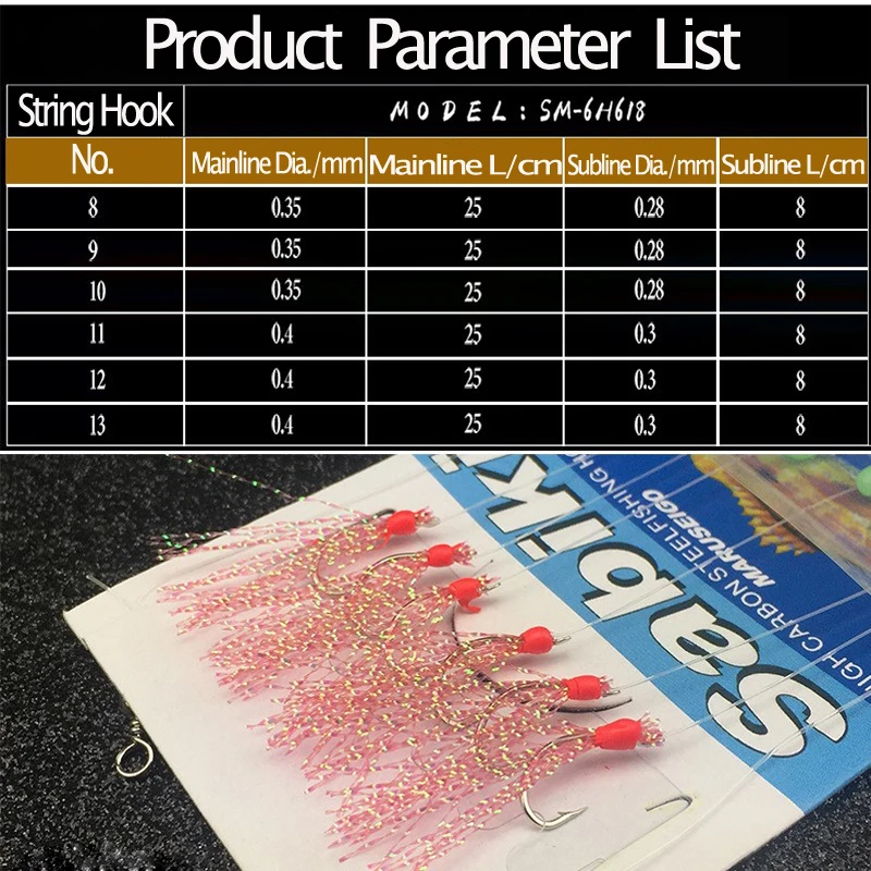 Bimoo-anzuelos de cuerda coloridos, aparejo Sabiki con 6 anzuelos luminosos para el mar, combinación de Señuelos de Pesca #7-#15, 6 unids/set - imagen 2