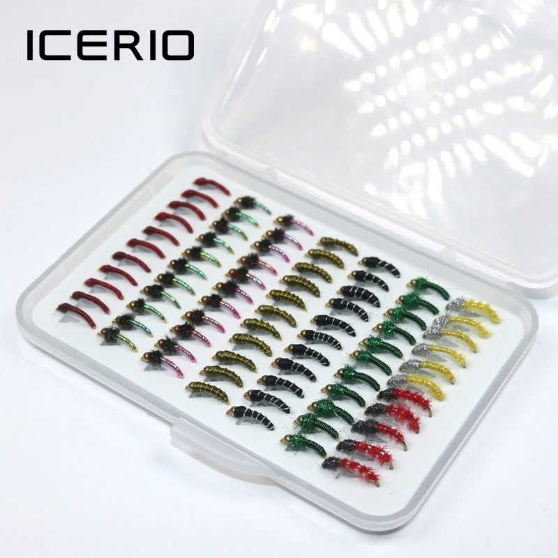 ICERIO-señuelo de pesca con mosca de trucha, cebo portátil en caja, Nymph, Scud, Midge, 77 unidades por juego