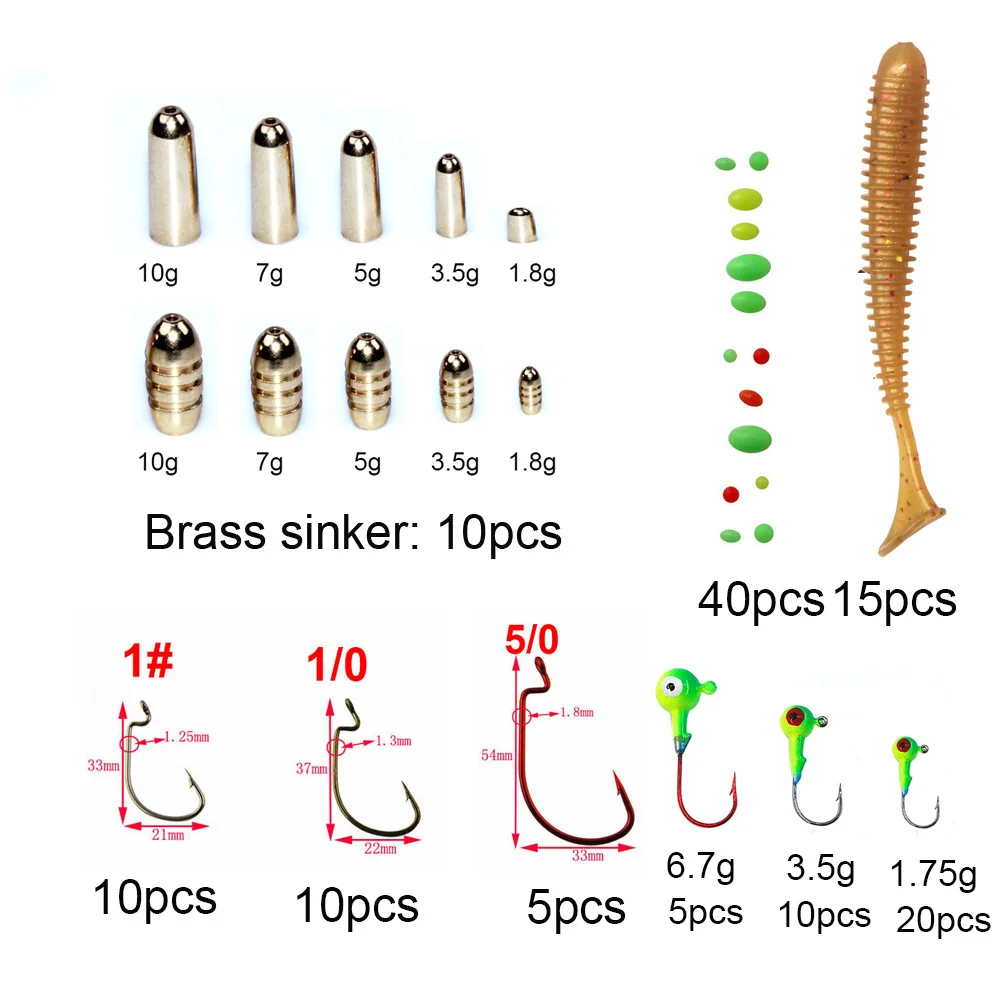 JSM-conjunto de accesorios de pesca, 125 unids/lote de señuelos para Texas Rig, plomos de bala de latón, gancho de cabeza de plomo, plantilla con caja de aparejos de pesca Doble - imagen 4