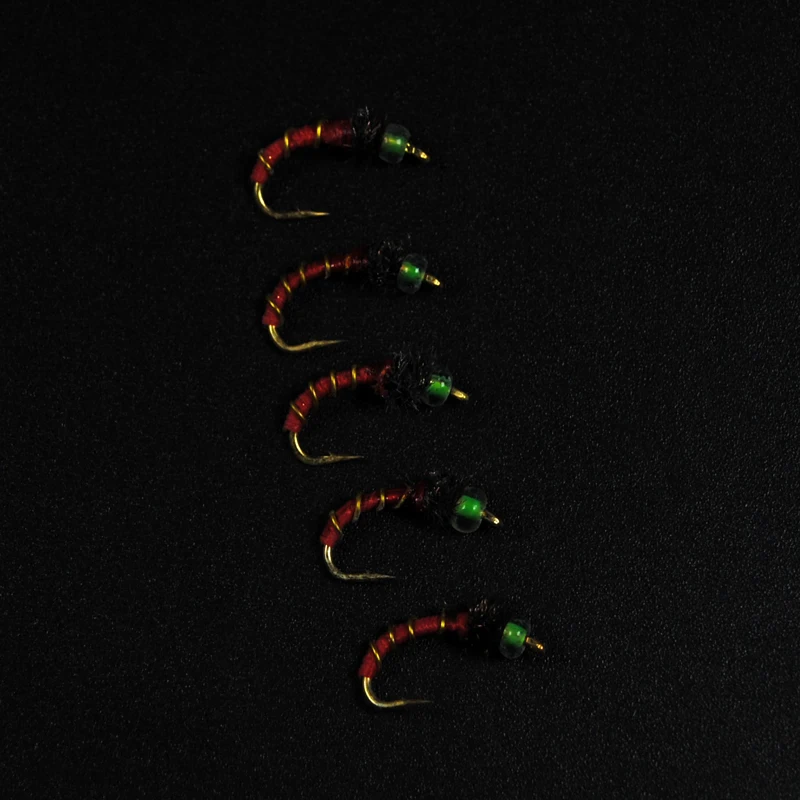 Bimoo-señuelo de pesca con mosca, 10 unidades, cabeza de cuenta de cristal, mosca verde y roja, cebo, gancho de Color dorado, Hegene #14 - imagen 3