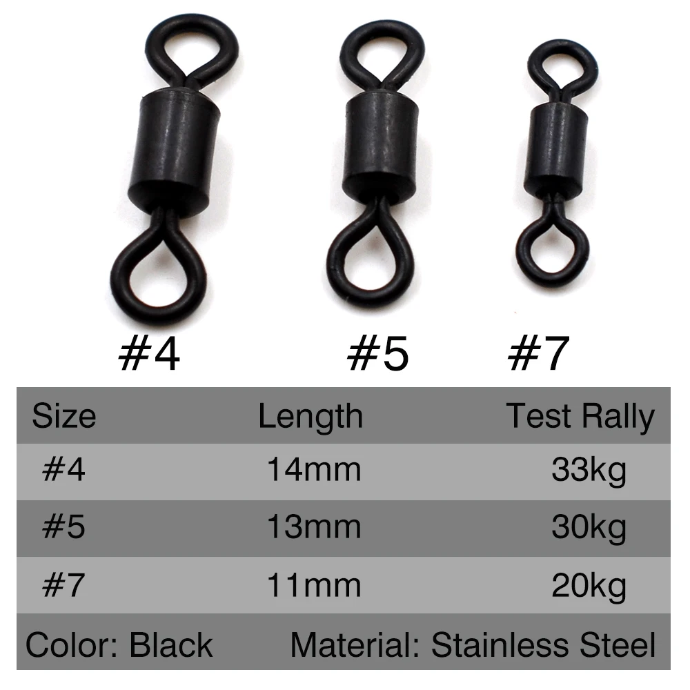 MNFT 50 piezas 4 #   5 #   7 #   Barril rodante giratorio de pesca, gancho de pesca negro mate, conector de línea, aparejos de pesca, giratorio americano - imagen 2