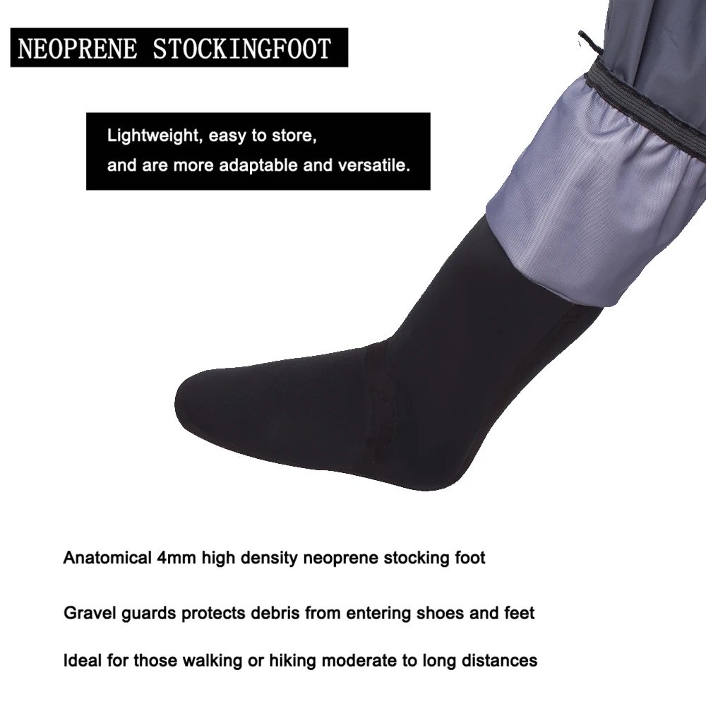 Un primer plano de una persona que lleva un par de calcetines para caminar. Estos calcetines están diseñados para actividades al aire libre como el senderismo y están hechos de neopreno, que es un material de caucho sintético conocido por sus excelentes propiedades aislantes.