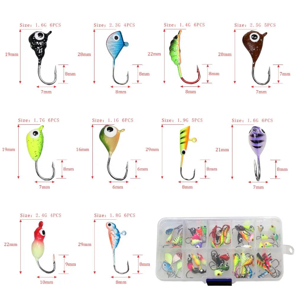 THKFISH-Kit de Señuelos de Pesca en hielo, 54 Uds., 1,1g-2,5g, señuelo de Jigging micro de invierno para tipo de pez, cebo duro de Metal, juego de anzuelos - imagen 4